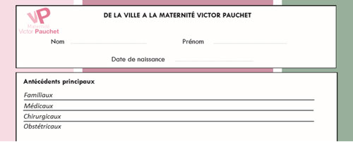 Fiche médicale à l'attention des professionnels de santé 'De la ville à la maternité Victor Pauchet'.